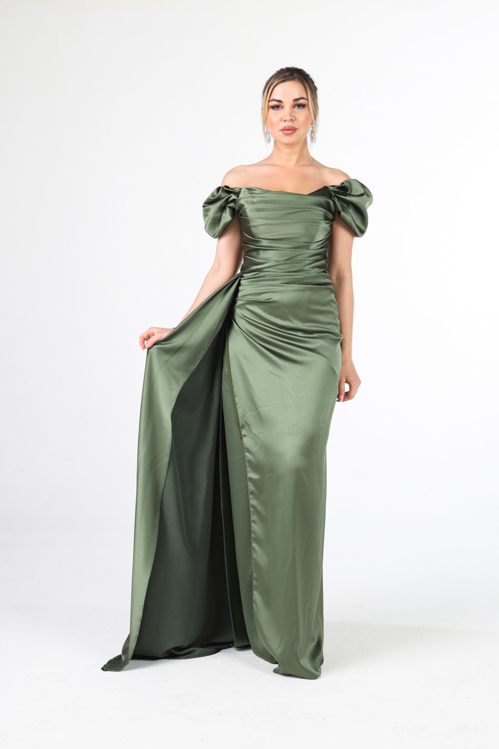 Feminist Haki Drape Detaylı Saten Kumaş Abiye Elbise 9704858.23 görsel 2