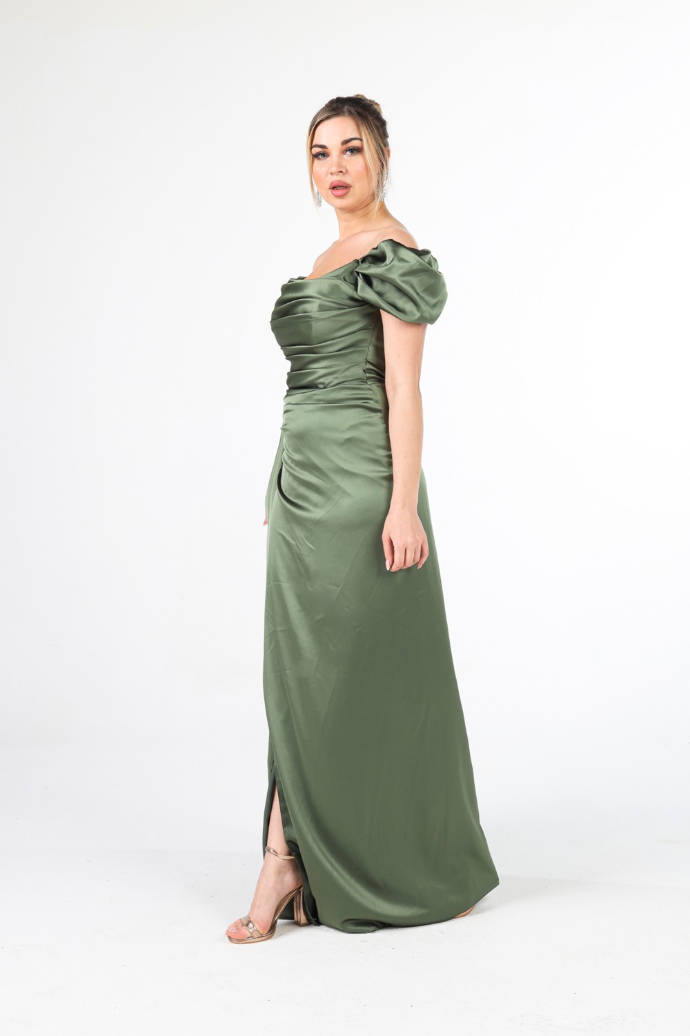 Feminist Haki Drape Detaylı Saten Kumaş Abiye Elbise 9704858.23 görsel 3