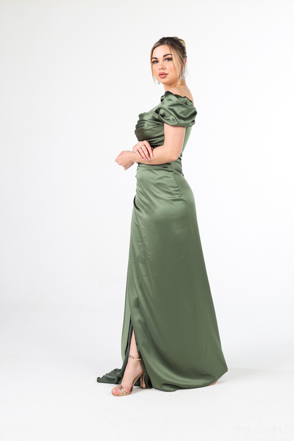 Feminist Haki Drape Detaylı Saten Kumaş Abiye Elbise 9704858.23 görsel 4