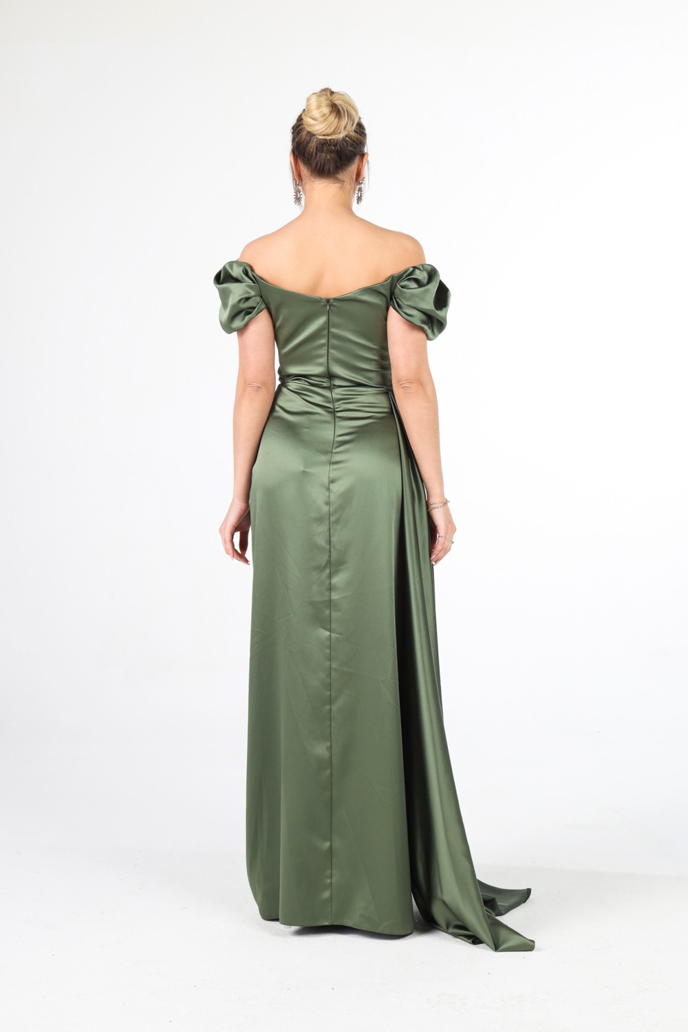 Feminist Haki Drape Detaylı Saten Kumaş Abiye Elbise 9704858.23 görsel 5