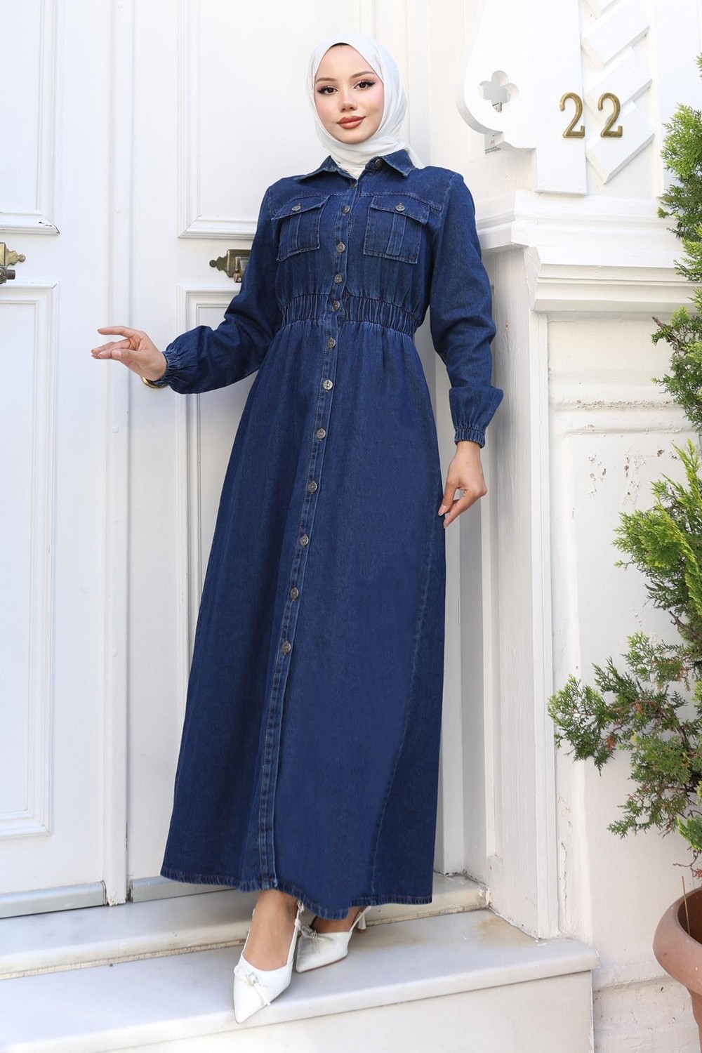Moda Mihram Beli Lastikli Kot Ferace Koyu Mavi 19228 görsel 6