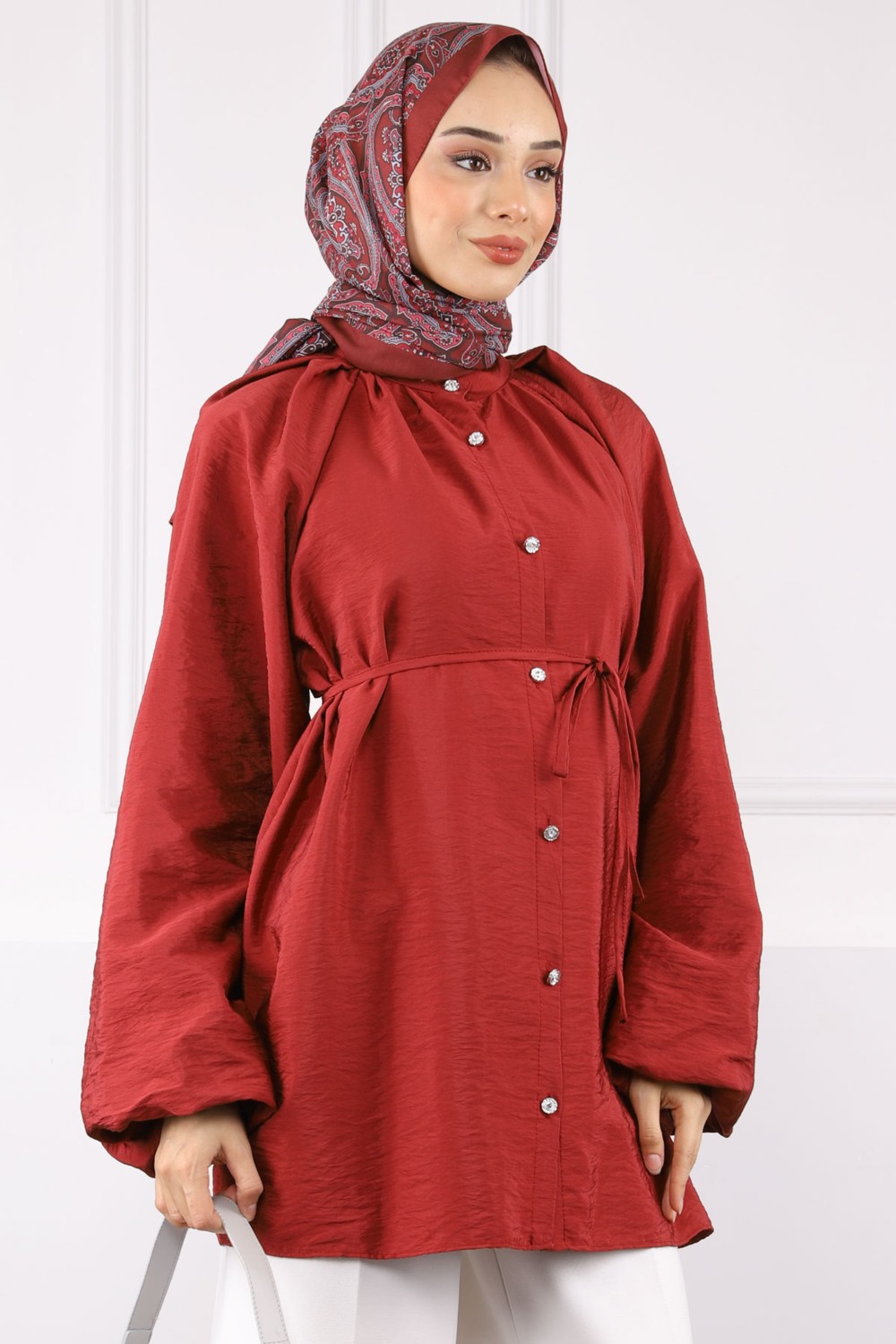 İmaj Butik Bordo Balon Kol Kuşaklı Gömlek görsel 5