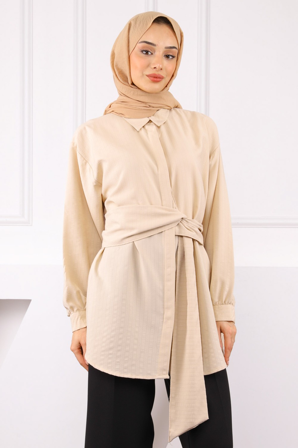 İmaj Butik Bej Kuşak Detaylı Bürümcük Gömlek görsel 8