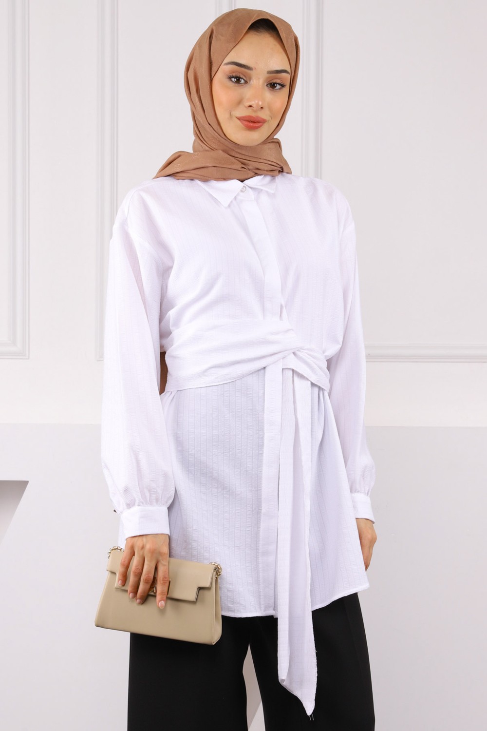 İmaj Butik Bej Kuşak Detaylı Bürümcük Gömlek