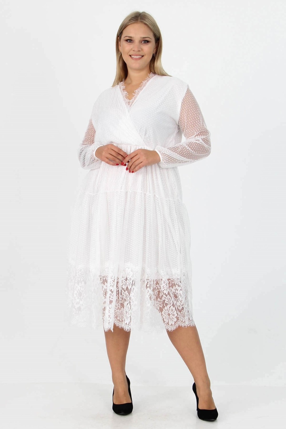 Neşeli Butik Kadın Yeni Sezon Tül Detaylı Kruvaze Yaka Büyük Beden Elbise APCX14 görsel 7