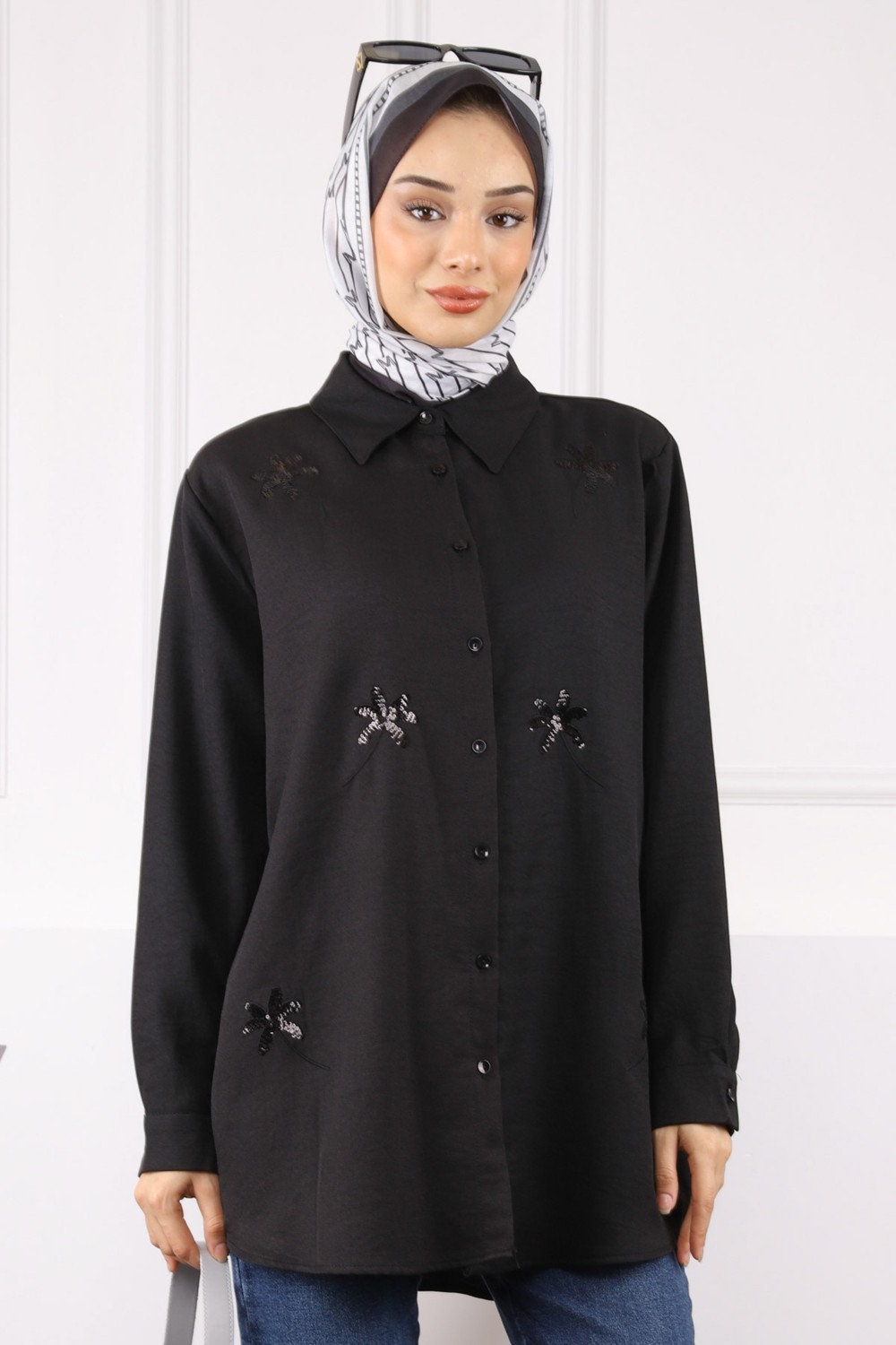 İmaj Butik Siyah Pul İşlemeli Gömlek görsel 5