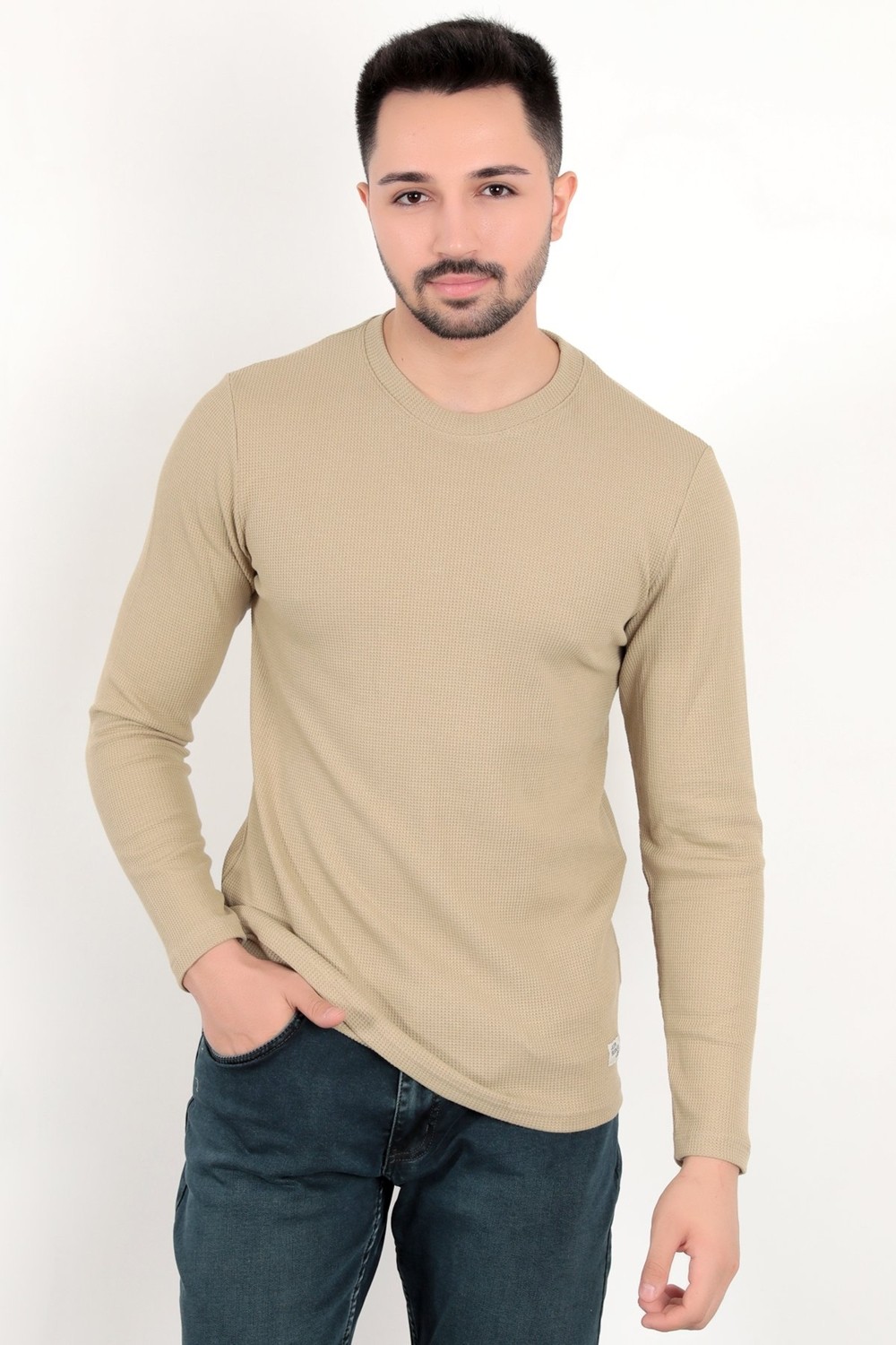JB John Borners Erkek Vizon Bisiklet Yaka Slim Fit Esnek Waffle Kumaş Dokulu Uzun Kollu T-Shirt - 5073-2