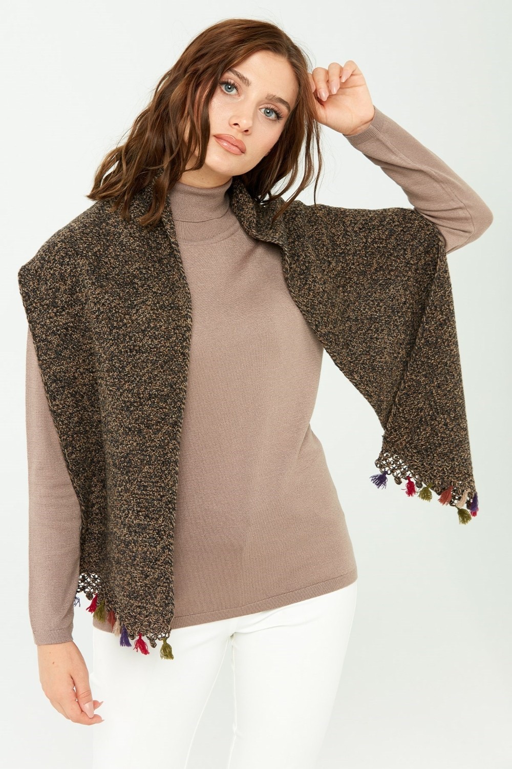 Desen Triko Kadın Kenarı Tığlamalı Püsküllü Yün Kaşkol M.kahve görsel 6