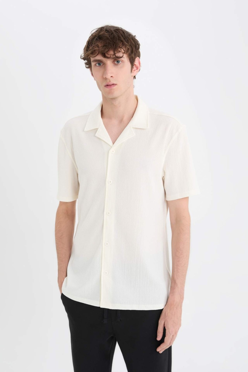 DeFacto Kırışmaz Modern Fit Polo Yaka Dokulu Penye Kısa Kollu Gömlek C4125AX25SM görsel 3