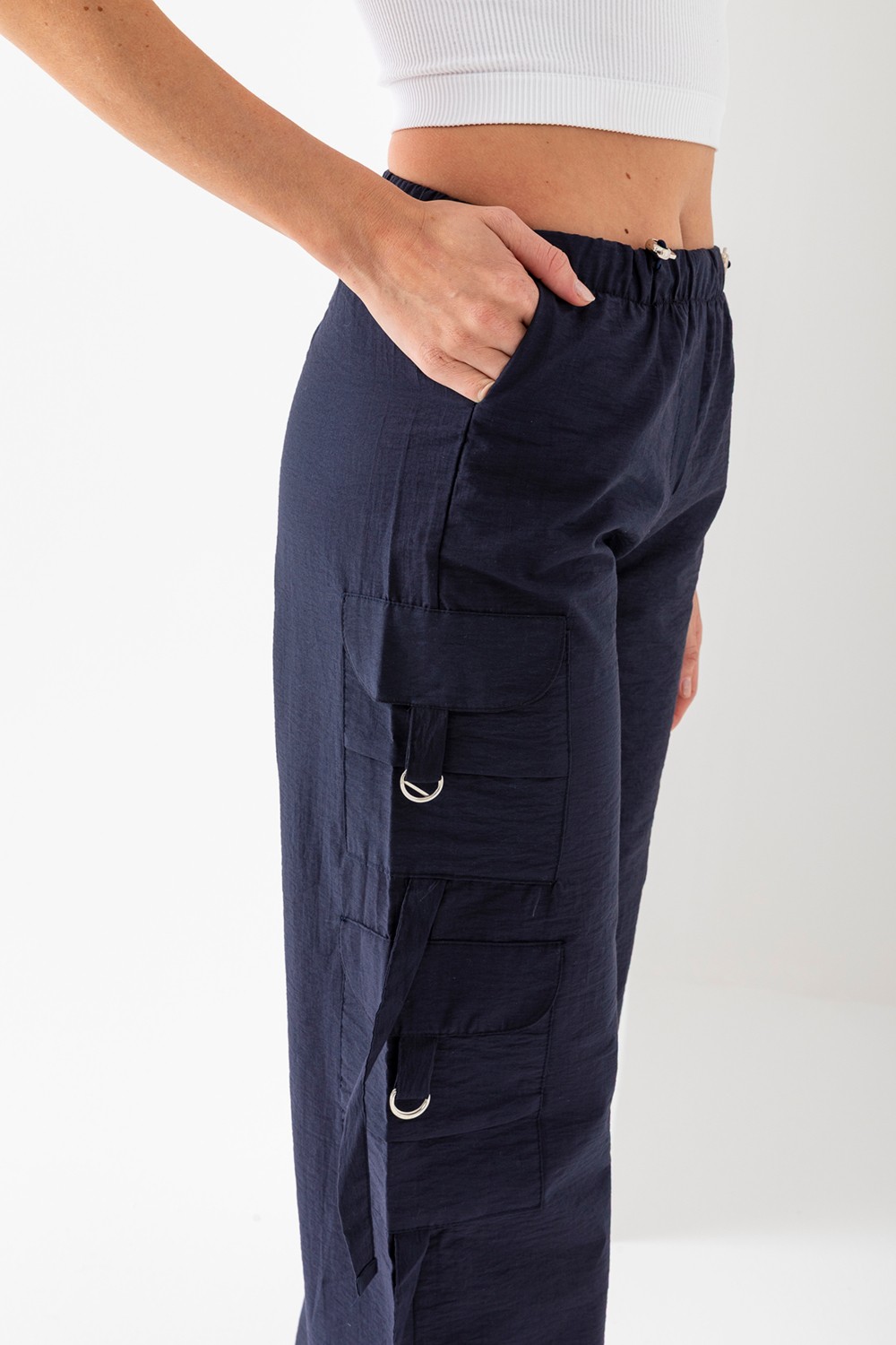 Giysa Kadın Beli ve Paçası Stoperli Kargo Cep Paraşüt Pantolon Lacivert - 25664 görsel 7
