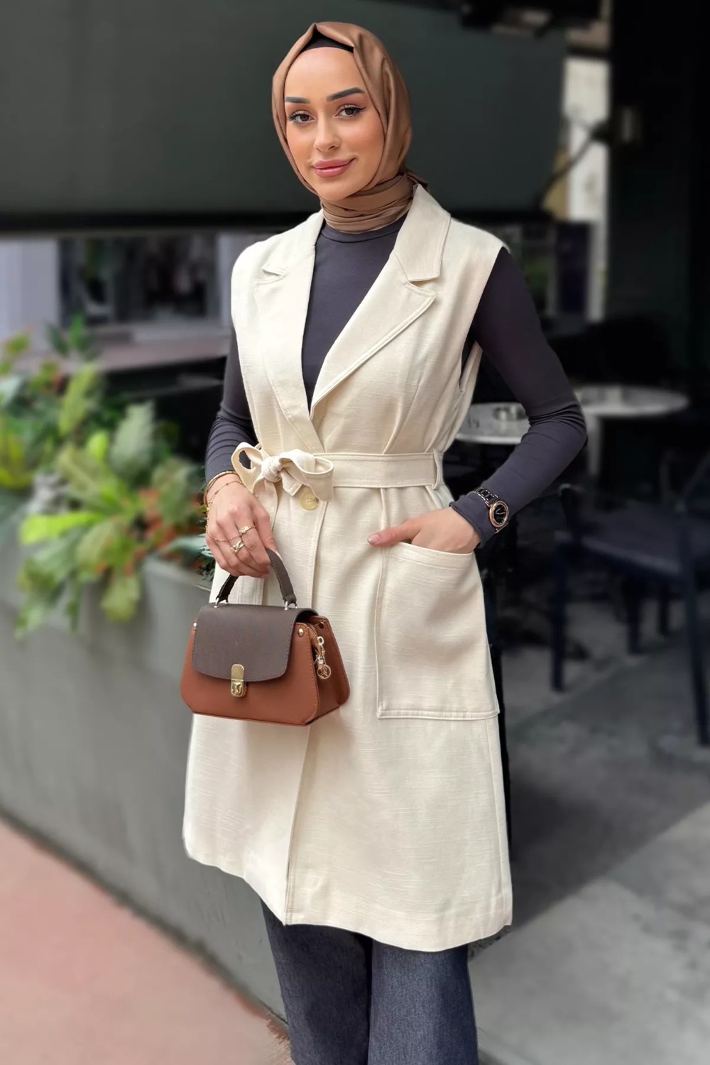 Julude Bel Kuşaklı Astarlı Tesettür Yelek P-00016322