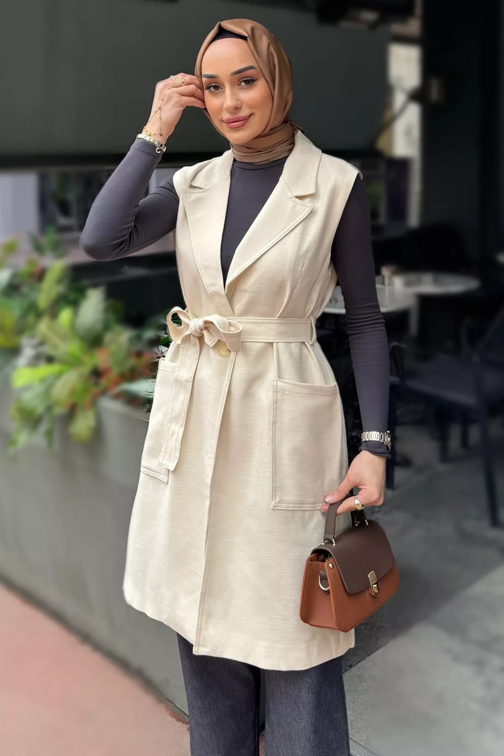 Julude Bel Kuşaklı Astarlı Tesettür Yelek P-00016322 görsel 2
