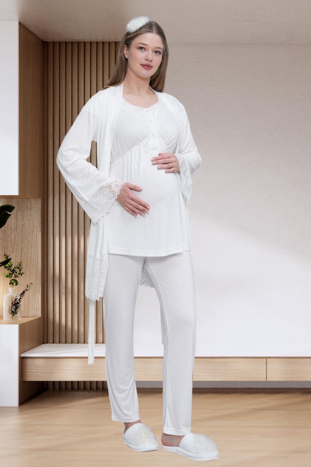 Mecit Pijama Mecit 6203 Ekru Sabahlıklı Lohusa Pijama Takımı görsel 2