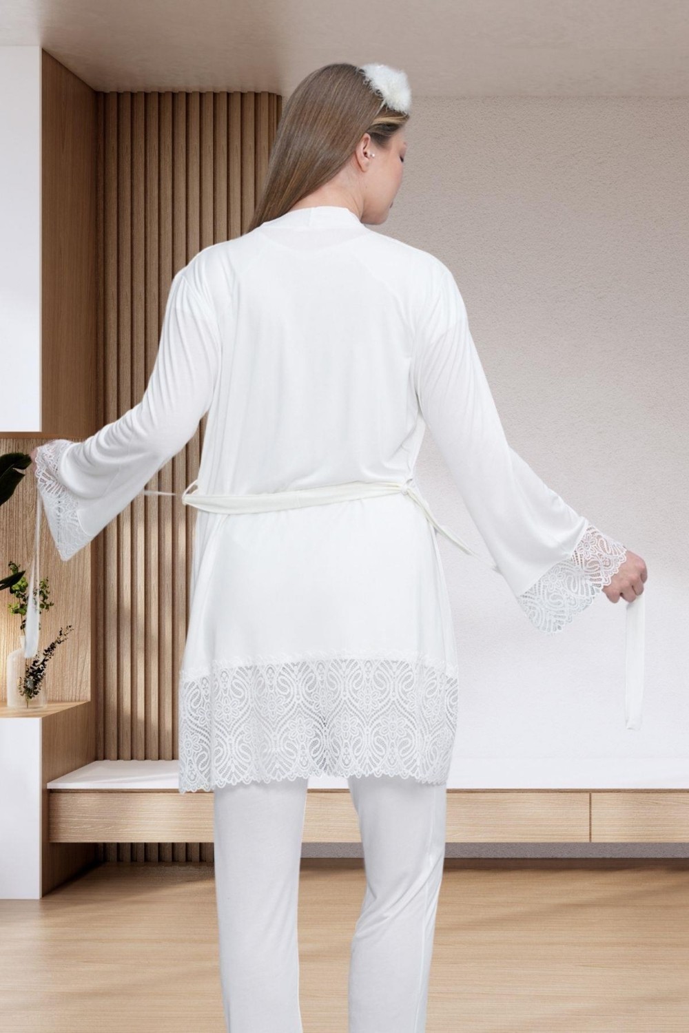 Mecit Pijama Mecit 6203 Ekru Sabahlıklı Lohusa Pijama Takımı görsel 3