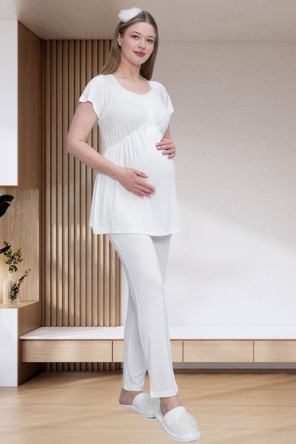 Mecit Pijama Mecit 6203 Ekru Sabahlıklı Lohusa Pijama Takımı görsel 4