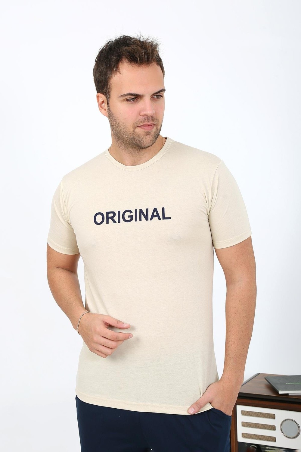 Akbeniz Erkek Kısa Kol Penye Pijama Takımı 6867 Krem