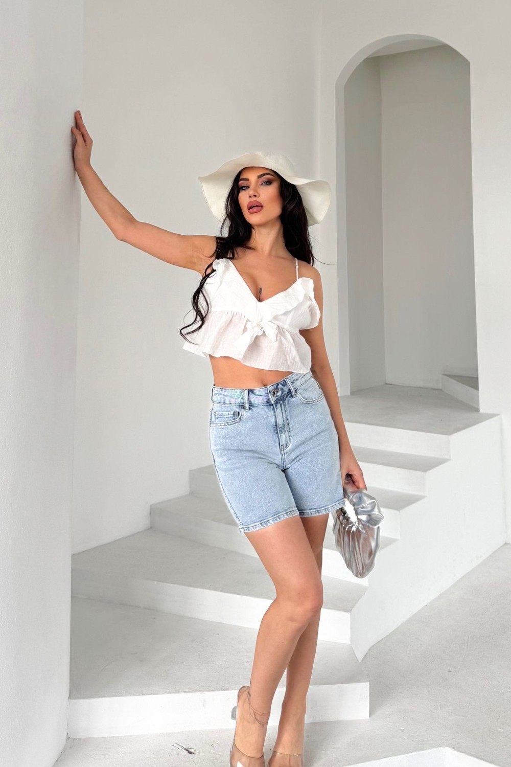 Hlt Jeans Açık Mavi Kar Kadın Lily Likralı Mom Fit Yüksek Bel Esnek 90's Denim Şort LİLY-MAVİKAR görsel 2