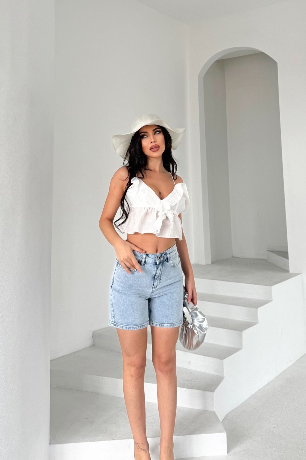 Hlt Jeans Açık Mavi Kar Kadın Lily Likralı Mom Fit Yüksek Bel Esnek 90's Denim Şort LİLY-MAVİKAR görsel 8