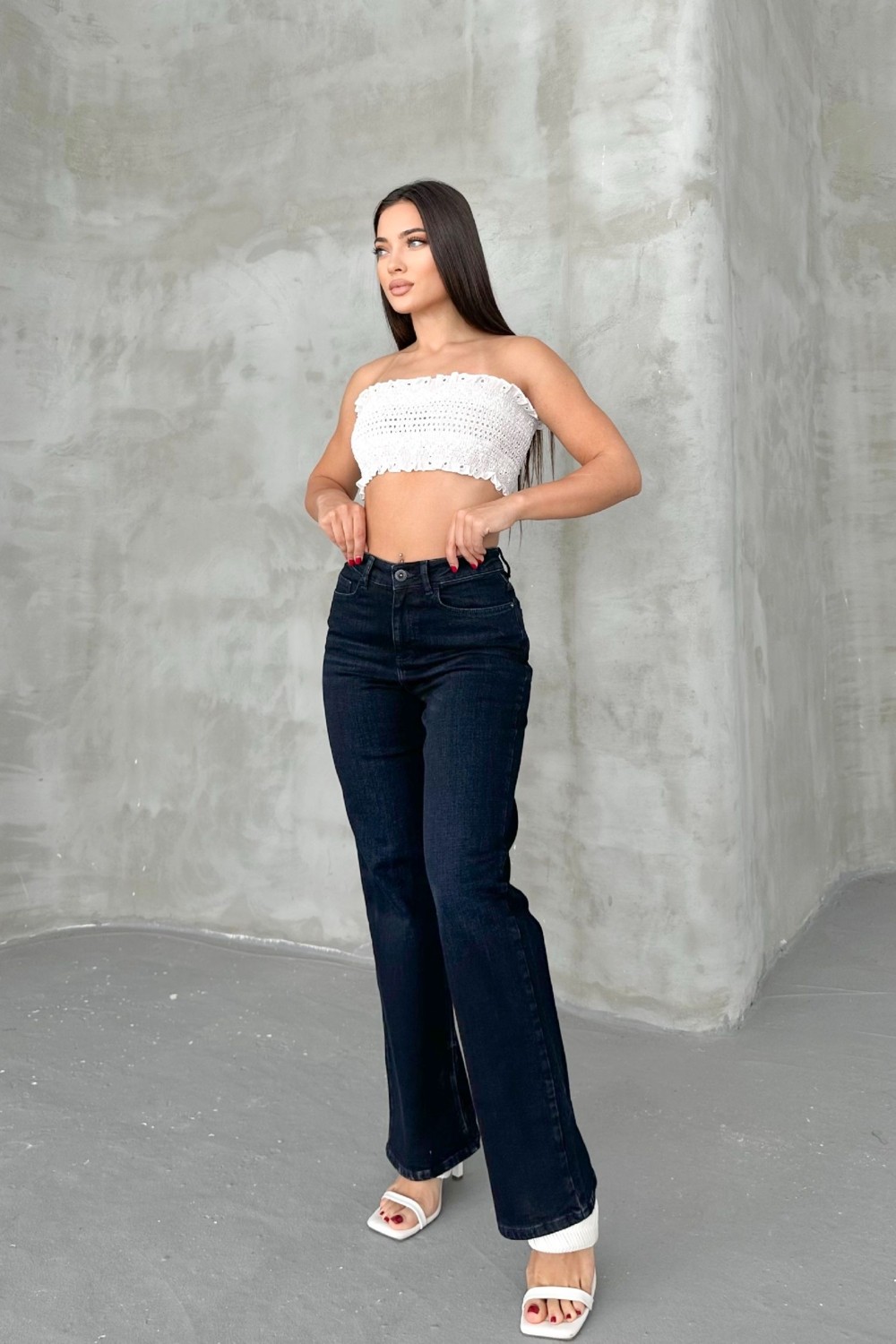 Hlt Jeans Blue Black Kadın Wide Leg Jean Yüksek Bel Palazzo Likralı Esnek Kot Pantolon JESSİCA-2041 görsel 3