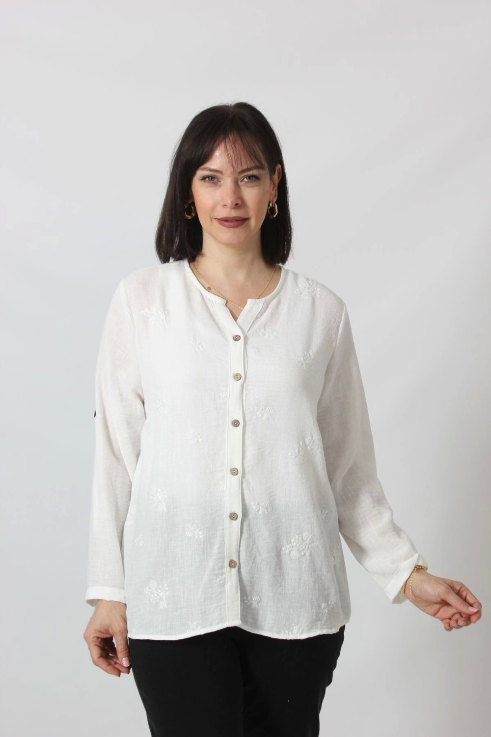 Moda Berray 1B-069 Kolu Apoletli Küçük Çiçek Desenli Pamuk Keten Kadın Büyük Beden Beyaz Gömlek