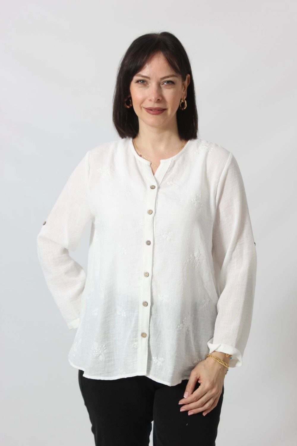 Moda Berray 1B-069 Kolu Apoletli Küçük Çiçek Desenli Pamuk Keten Kadın Büyük Beden Beyaz Gömlek görsel 2