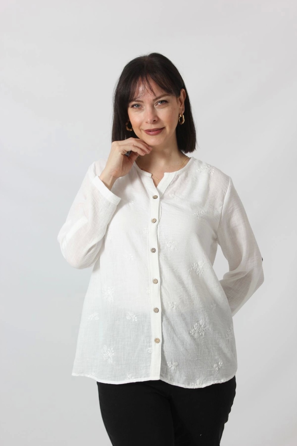 Moda Berray 1B-069 Kolu Apoletli Küçük Çiçek Desenli Pamuk Keten Kadın Büyük Beden Beyaz Gömlek görsel 4