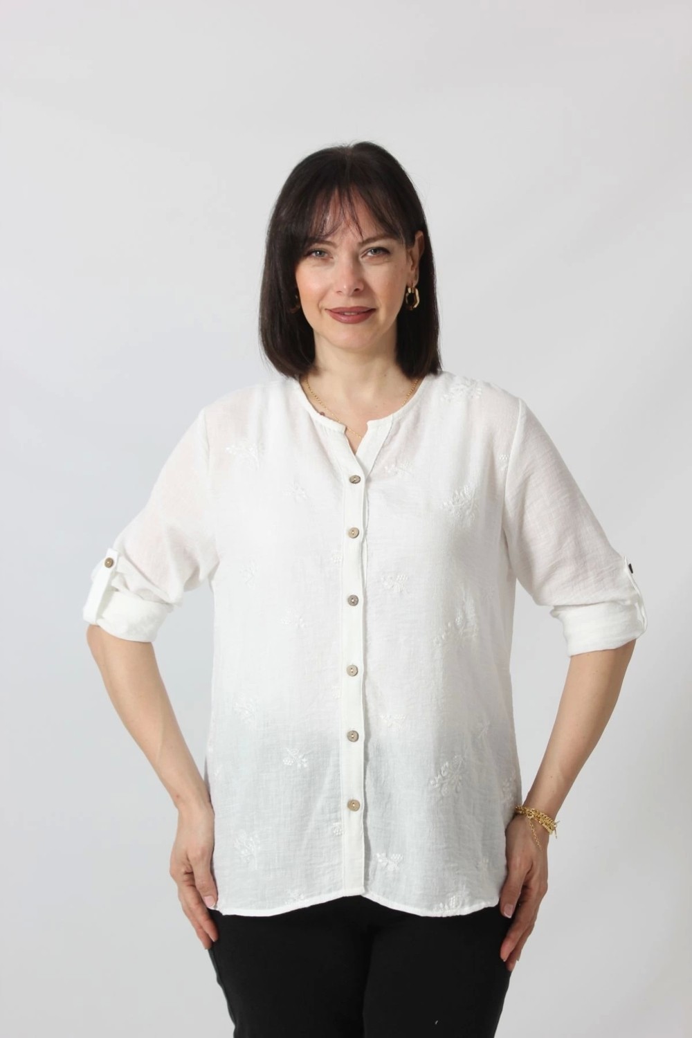 Moda Berray 1B-069 Kolu Apoletli Küçük Çiçek Desenli Pamuk Keten Kadın Büyük Beden Beyaz Gömlek görsel 5