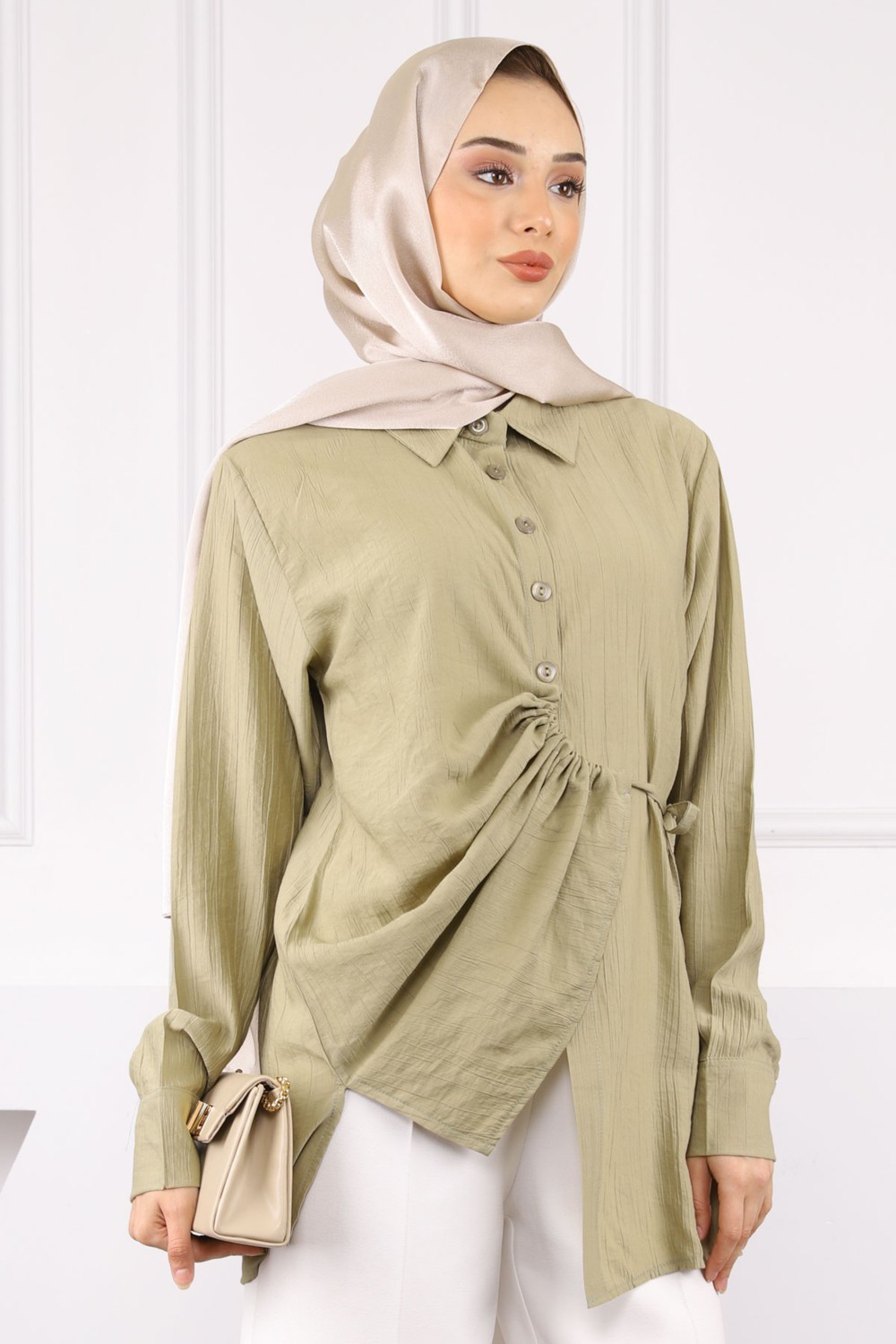 İmaj Butik Haki Yan Bağlamalı Düğmeli Gömlek görsel 5