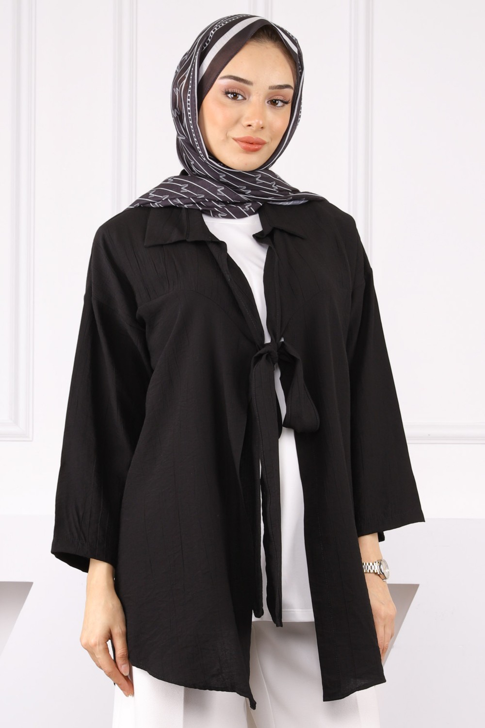 İmaj Butik Siyah Ön Bağlamalı İçlikli Kimono