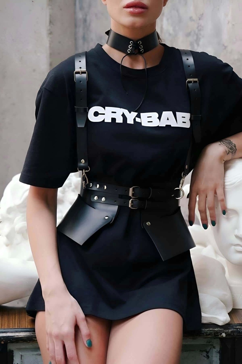 GiyimCity Elbise ve Tshirt Üzeri Deri Şık Kemer ve Choker Takım görsel 3