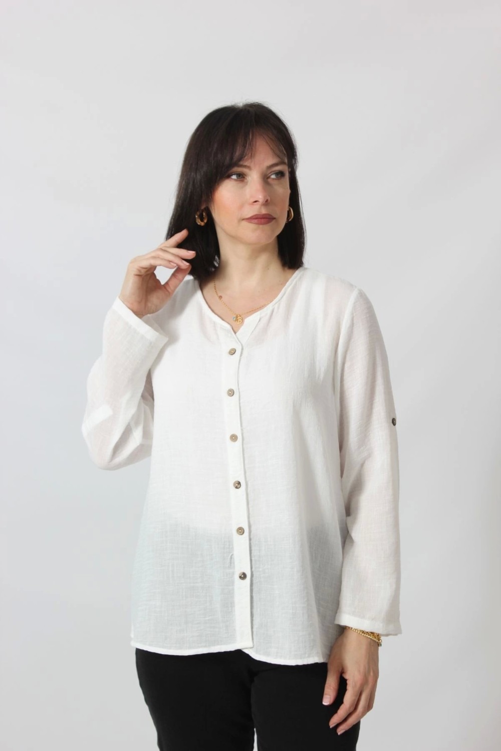 Moda Berray BB-0269 Keten Kolu Apoletli Sıfır Yaka Büyük Beden Beyaz Gömlek