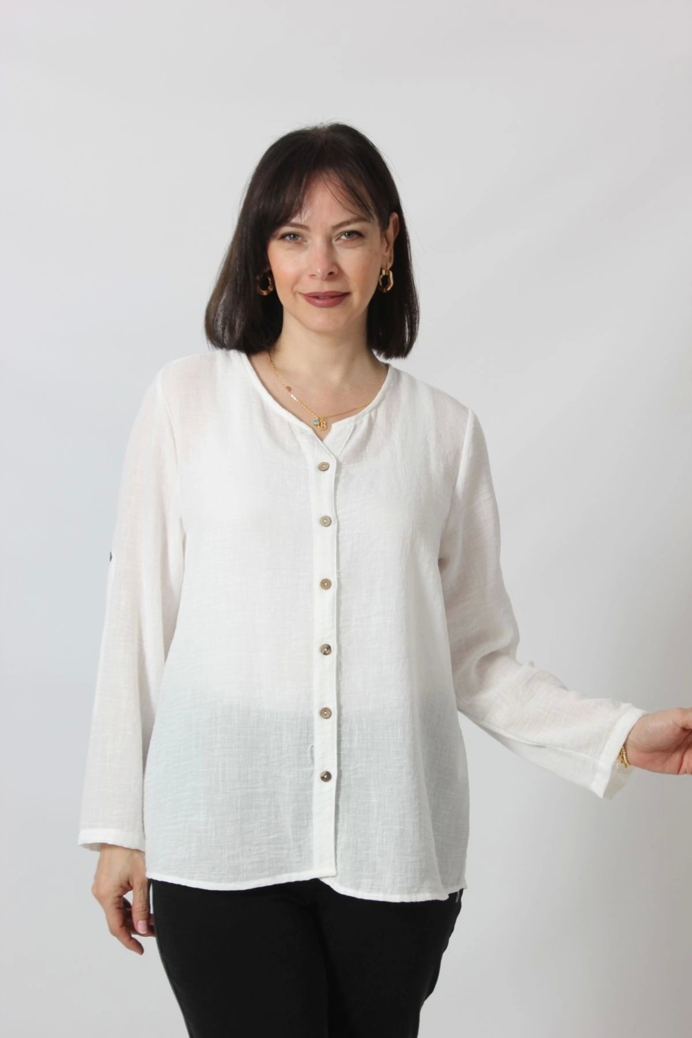 Moda Berray BB-0269 Keten Kolu Apoletli Sıfır Yaka Büyük Beden Beyaz Gömlek görsel 2