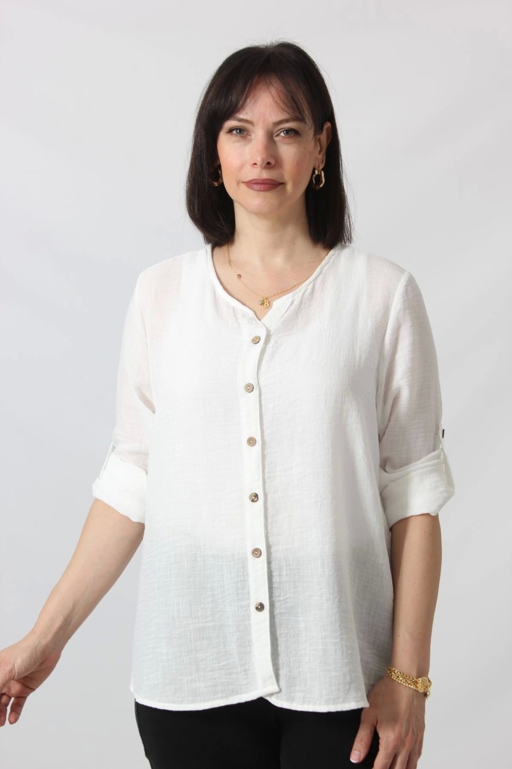 Moda Berray BB-0269 Keten Kolu Apoletli Sıfır Yaka Büyük Beden Beyaz Gömlek görsel 3