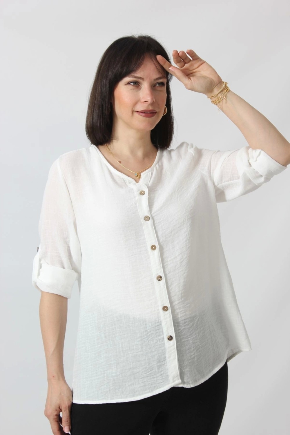 Moda Berray BB-0269 Keten Kolu Apoletli Sıfır Yaka Büyük Beden Beyaz Gömlek görsel 4