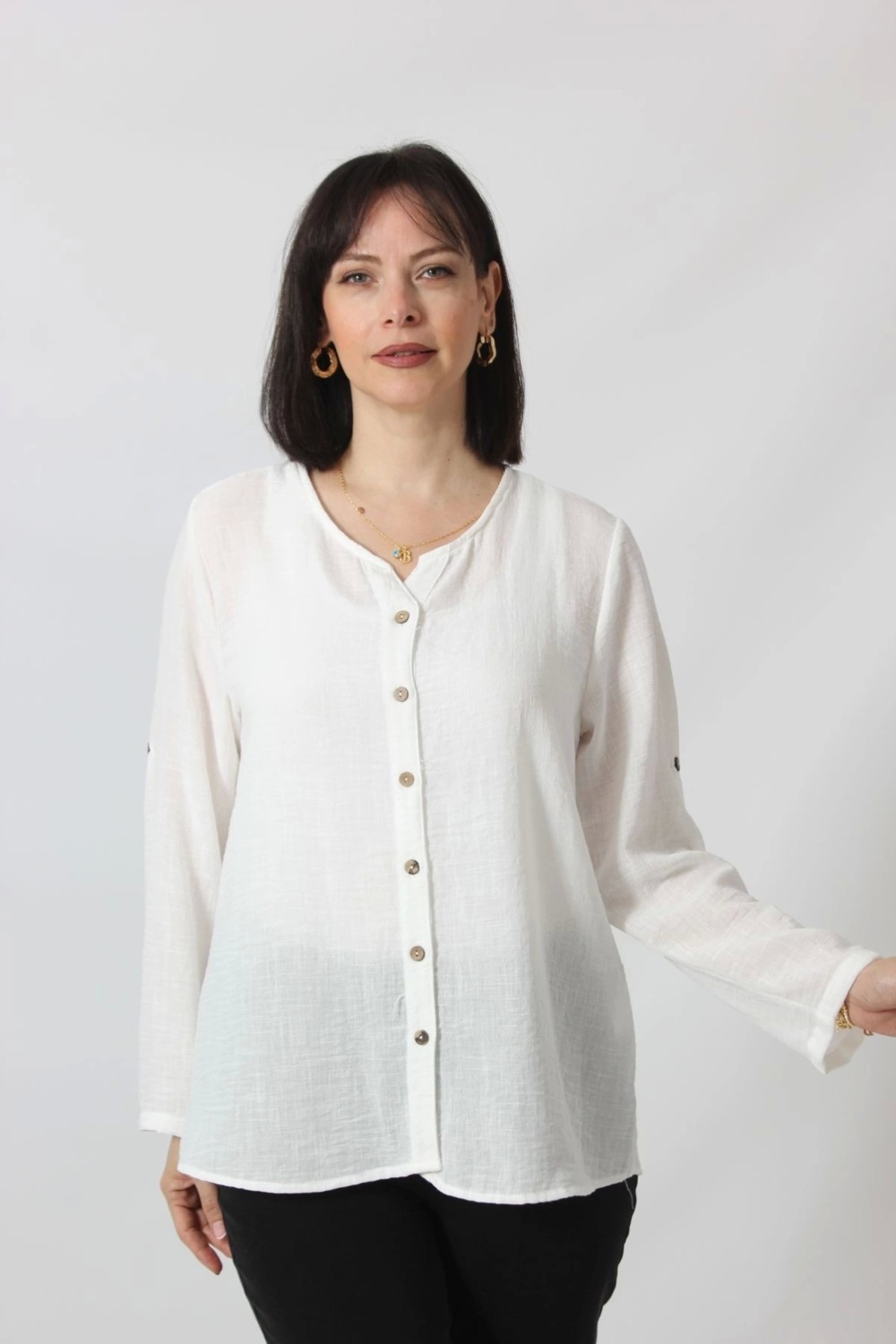 Moda Berray BB-0269 Keten Kolu Apoletli Sıfır Yaka Büyük Beden Beyaz Gömlek görsel 5