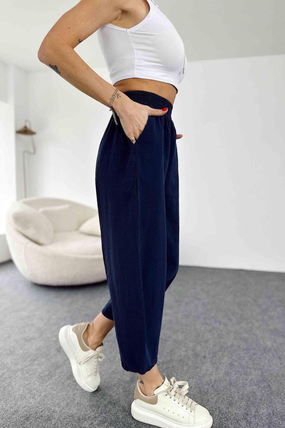 Nana & Mayka Moda Die&More Kadın Haki Şalvar Pantolon Salaş Dört Mevsim Rahat Pamuk Lastikli Bel Günlük Model Gabardin görsel 7