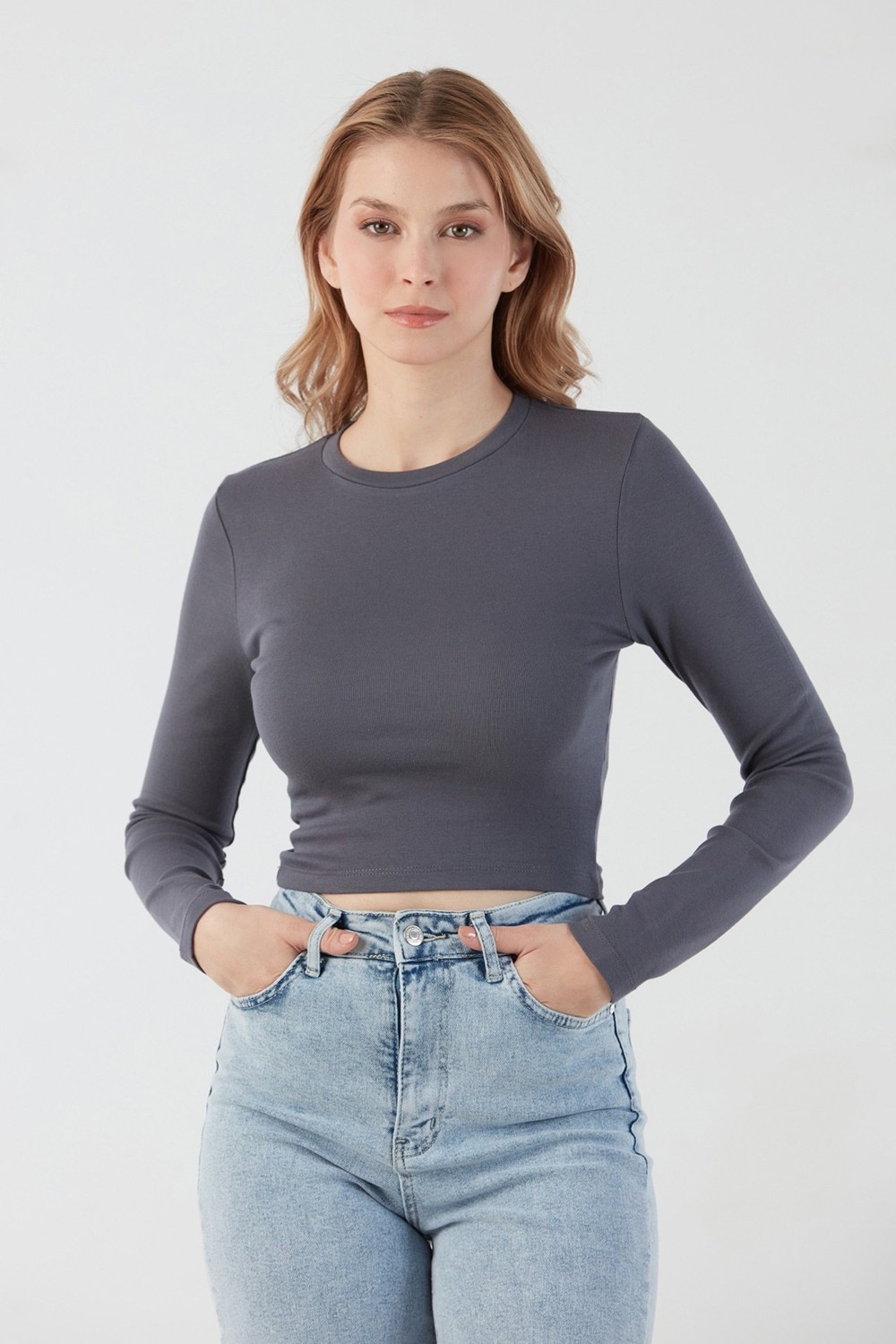 FullaModa Basic Bisiklet Yaka Uzun Kollu Crop Body