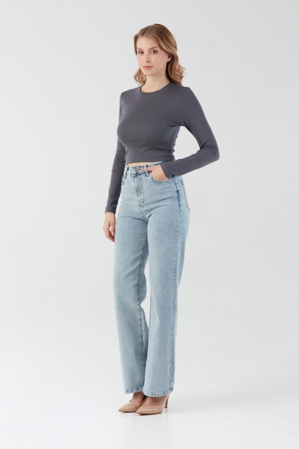 FullaModa Basic Bisiklet Yaka Uzun Kollu Crop Body görsel 2