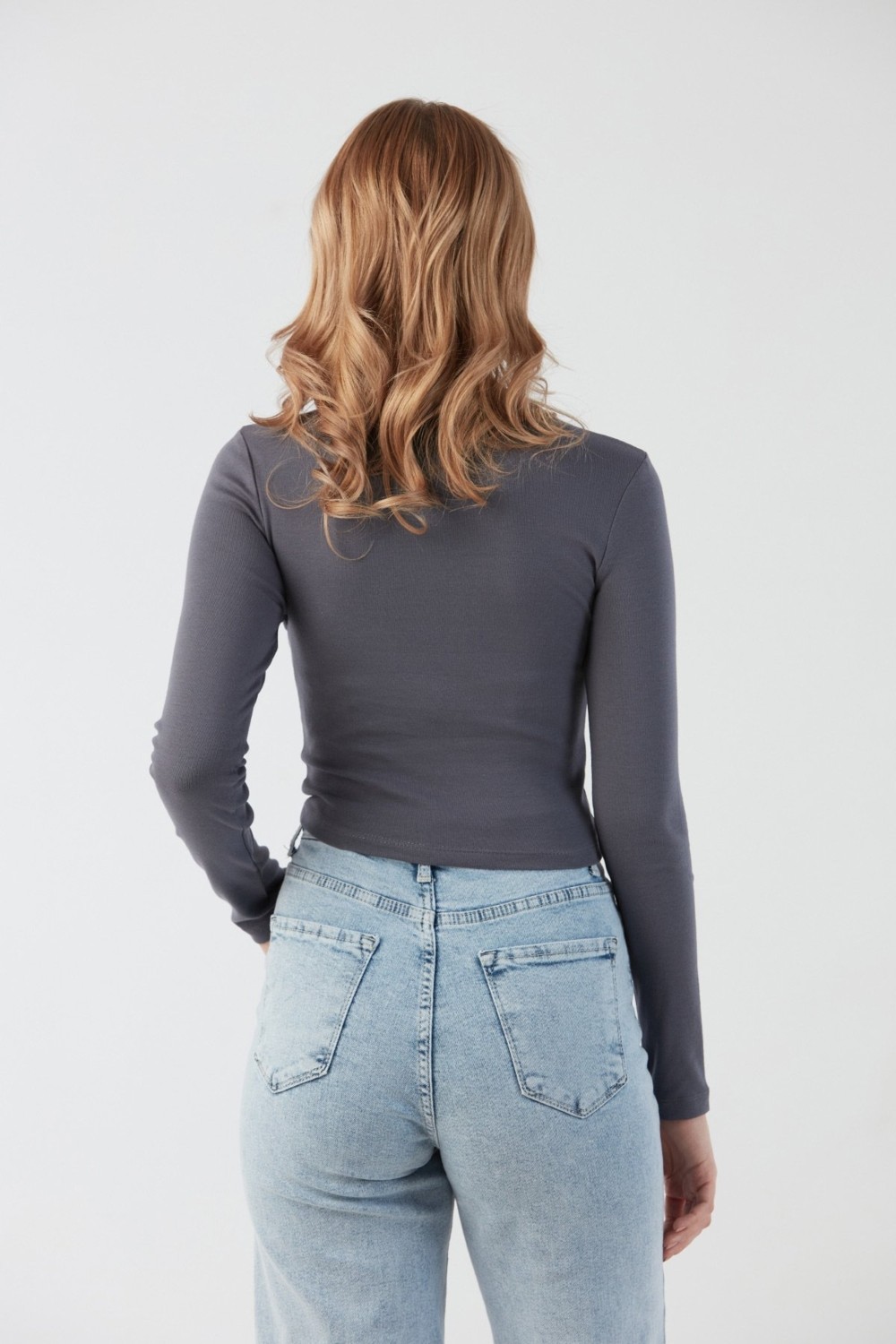 FullaModa Basic Bisiklet Yaka Uzun Kollu Crop Body görsel 4