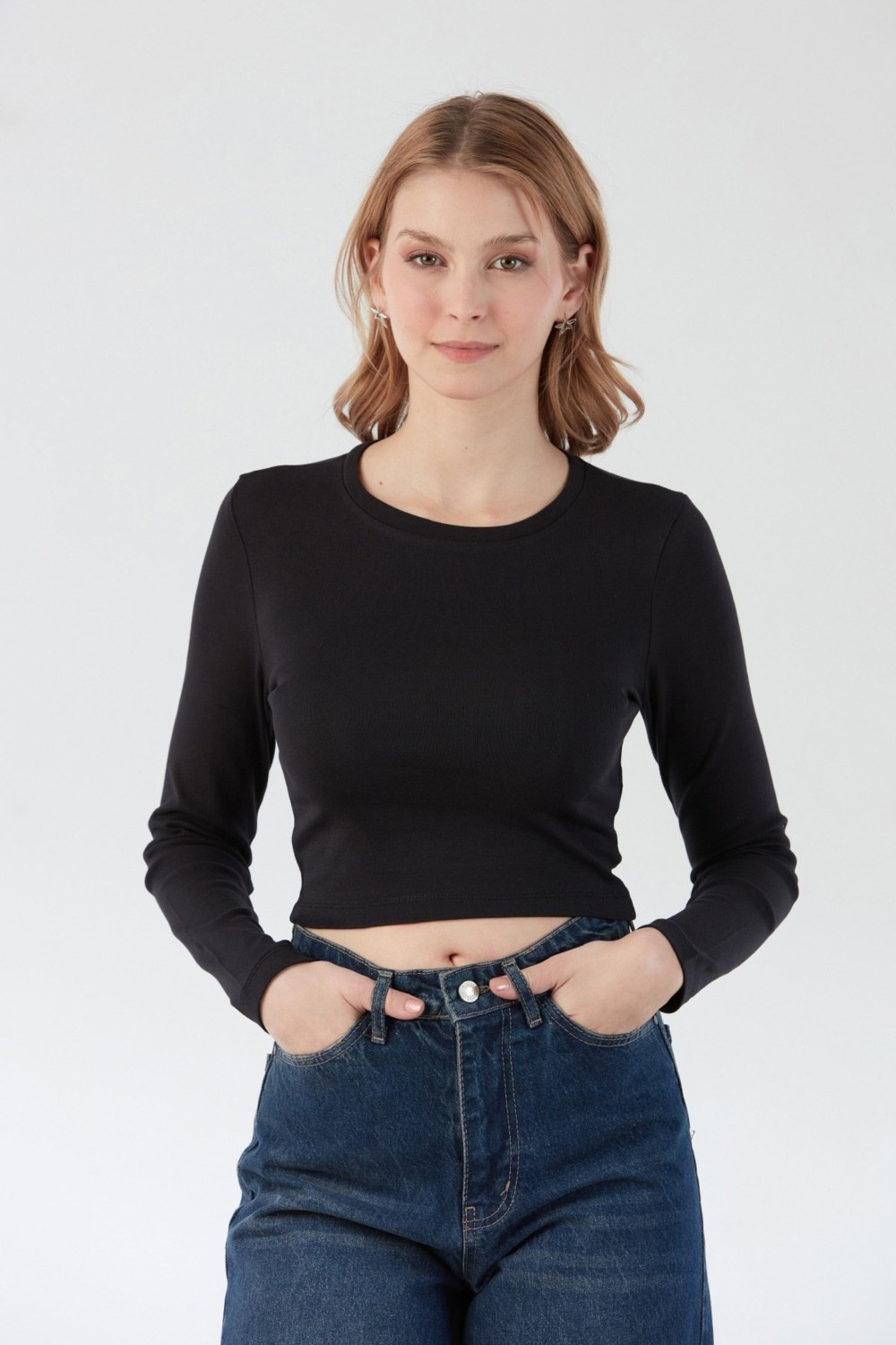 FullaModa Basic Bisiklet Yaka Uzun Kollu Crop Body görsel 6