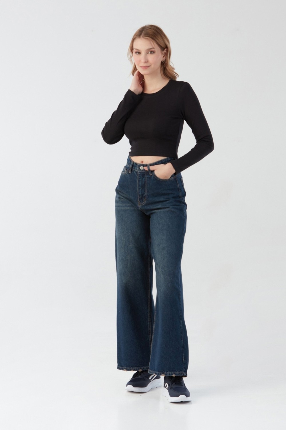 FullaModa Basic Bisiklet Yaka Uzun Kollu Crop Body görsel 7