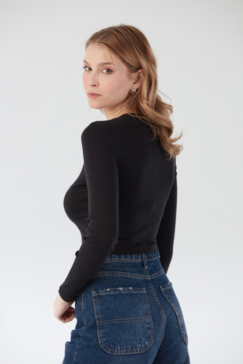 FullaModa Basic Bisiklet Yaka Uzun Kollu Crop Body görsel 8