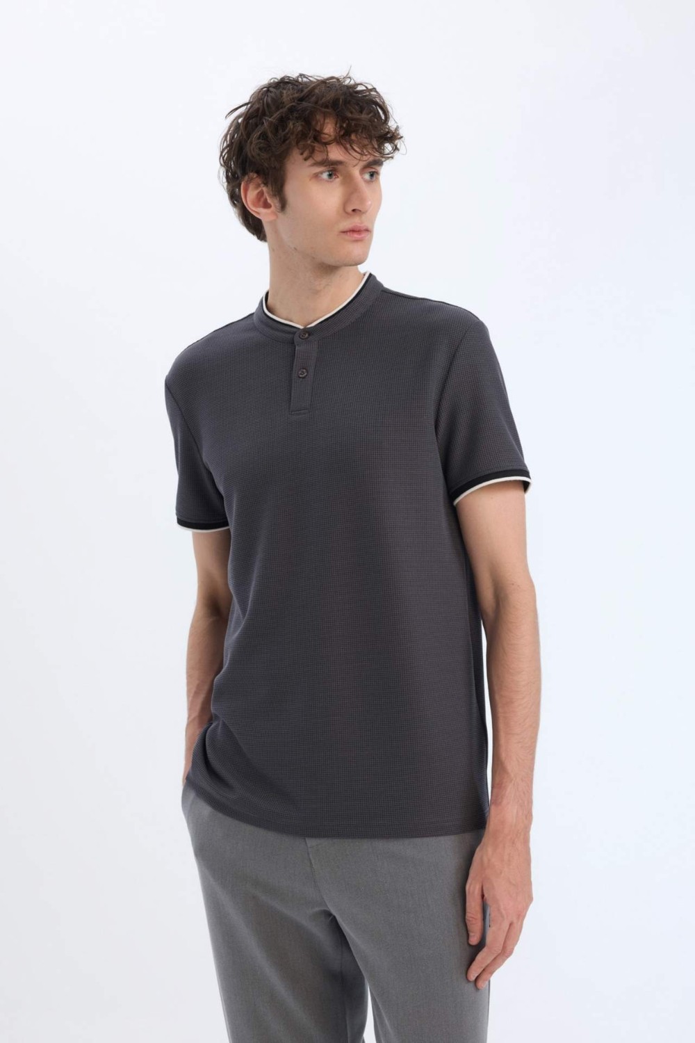 DeFacto Slim Fit Dar Kesim Dik Yaka Dokulu Kısa Kollu Waffle Polo Tişört Z4262AZ25SM görsel 3
