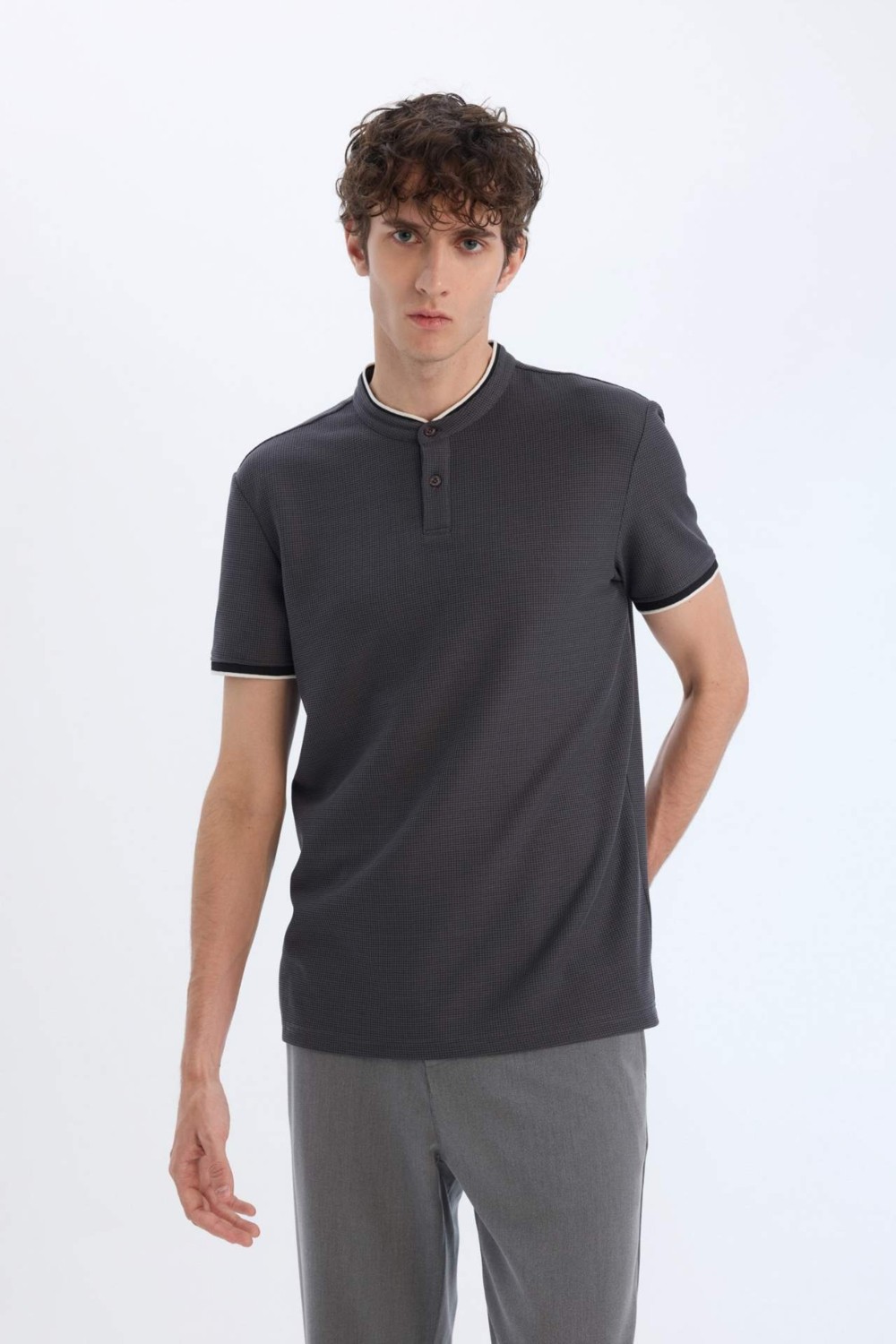 DeFacto Slim Fit Dar Kesim Dik Yaka Dokulu Kısa Kollu Waffle Polo Tişört Z4262AZ25SM görsel 4