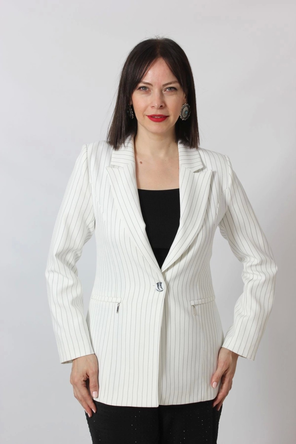 Moda Berray 1906 Beyaz Çizgili Fermuarlı Cep Aksesuarlı Kadın Büyük Beden Blazer Ceket görsel 5