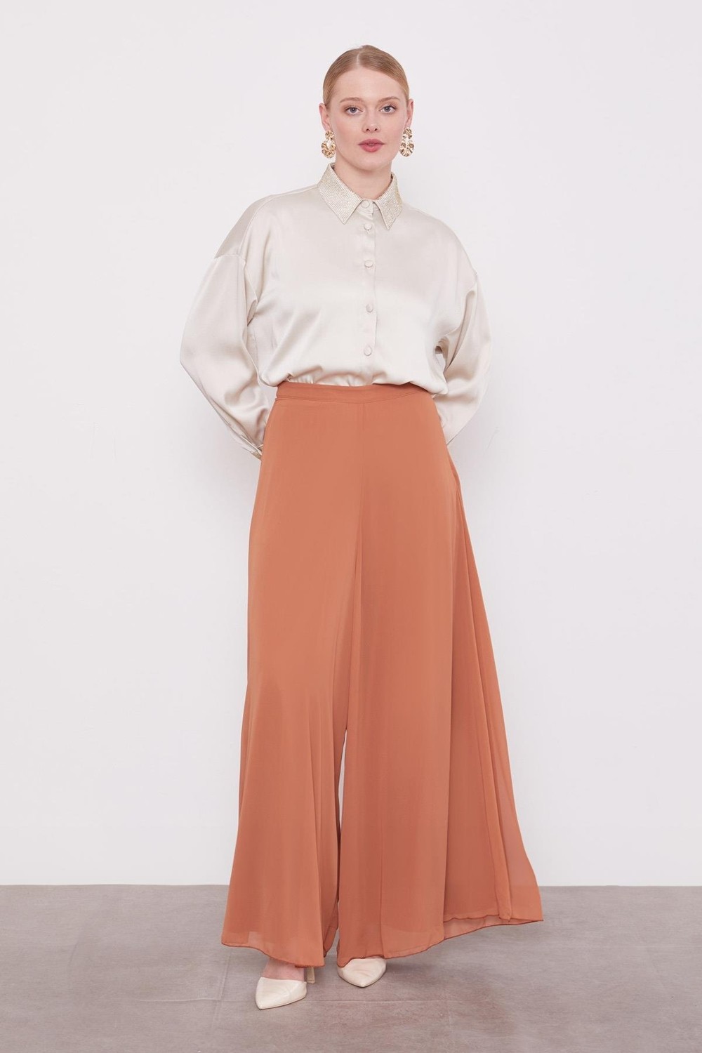 Lêvi D'or Taba Geniş Paçalı Şifon Pantolon görsel 2