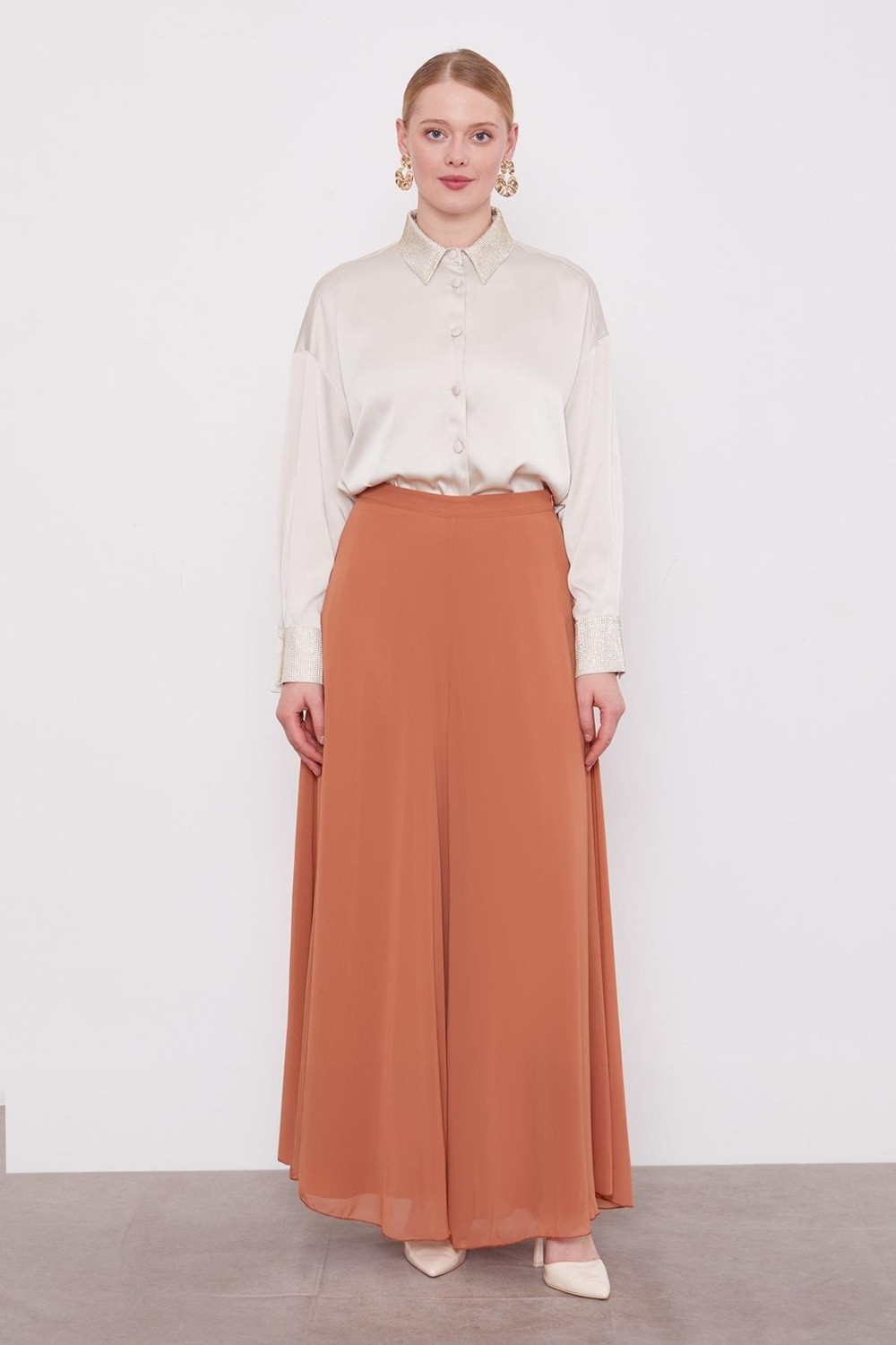 Lêvi D'or Taba Geniş Paçalı Şifon Pantolon görsel 3
