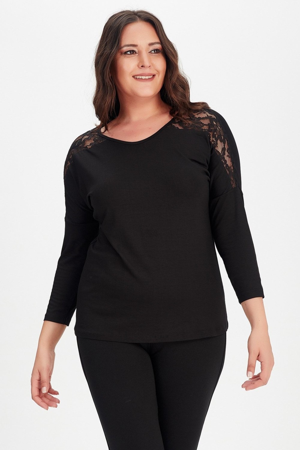 Curvy Trend Roba Dantel Detaylı Uzun Kol Bluz görsel 4