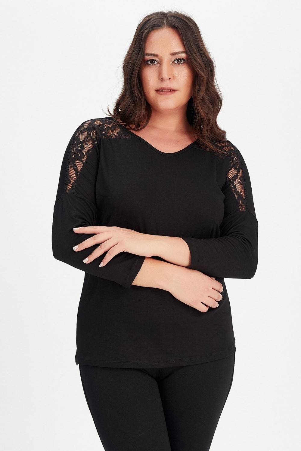 Curvy Trend Roba Dantel Detaylı Uzun Kol Bluz görsel 5