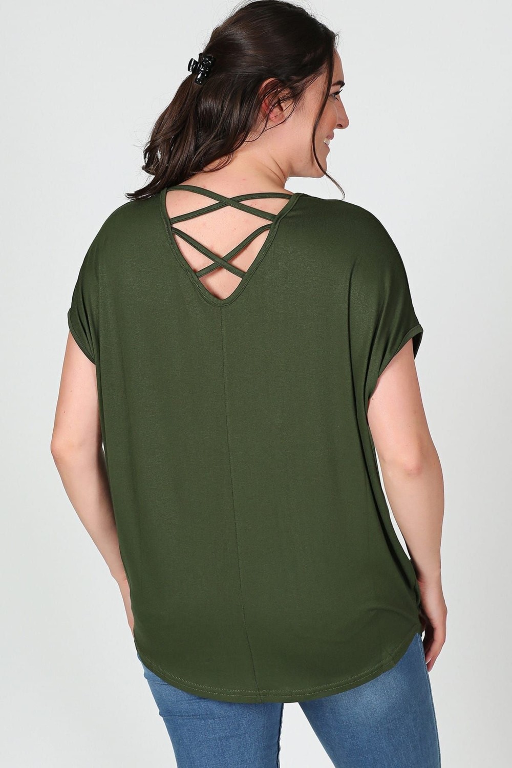 Curvy Trend Büyük Beden Sırt Çapraz Kısa Kol Bluz